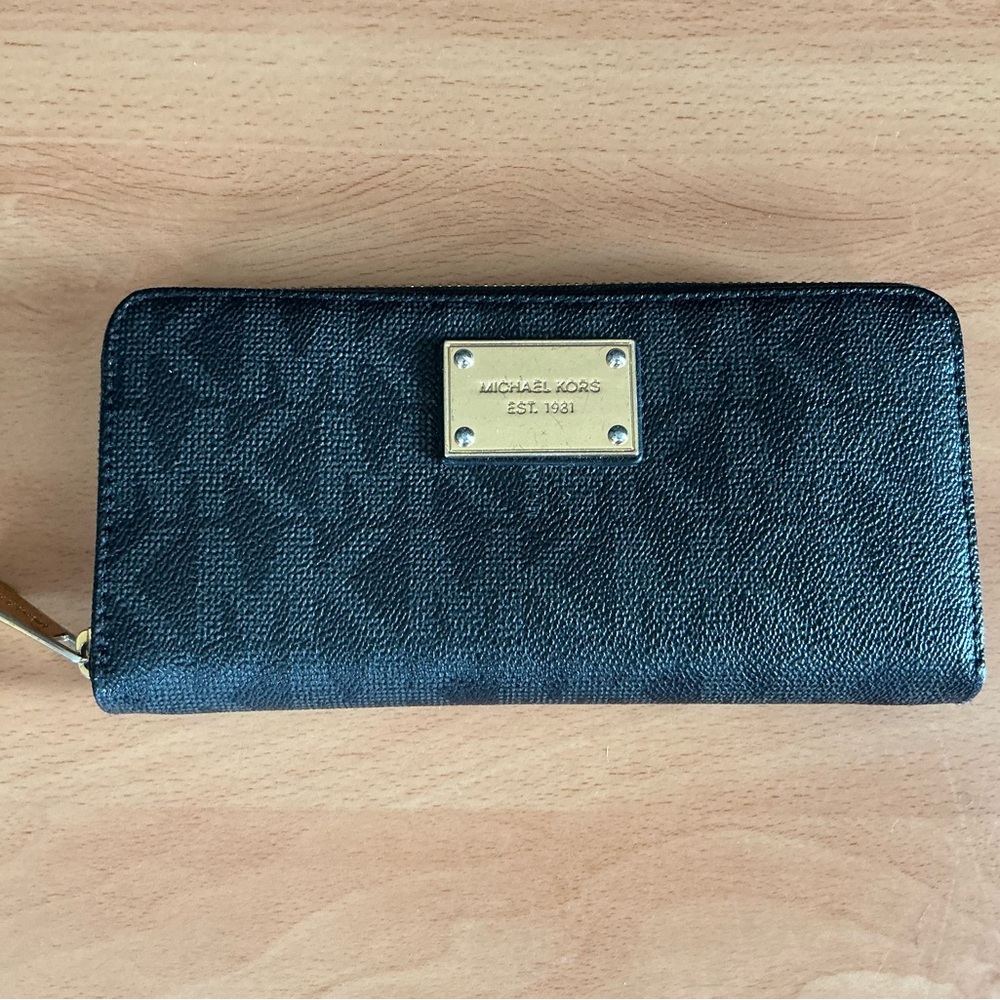 Michael Kors Black Zip-Around Wallet with Gold Accents